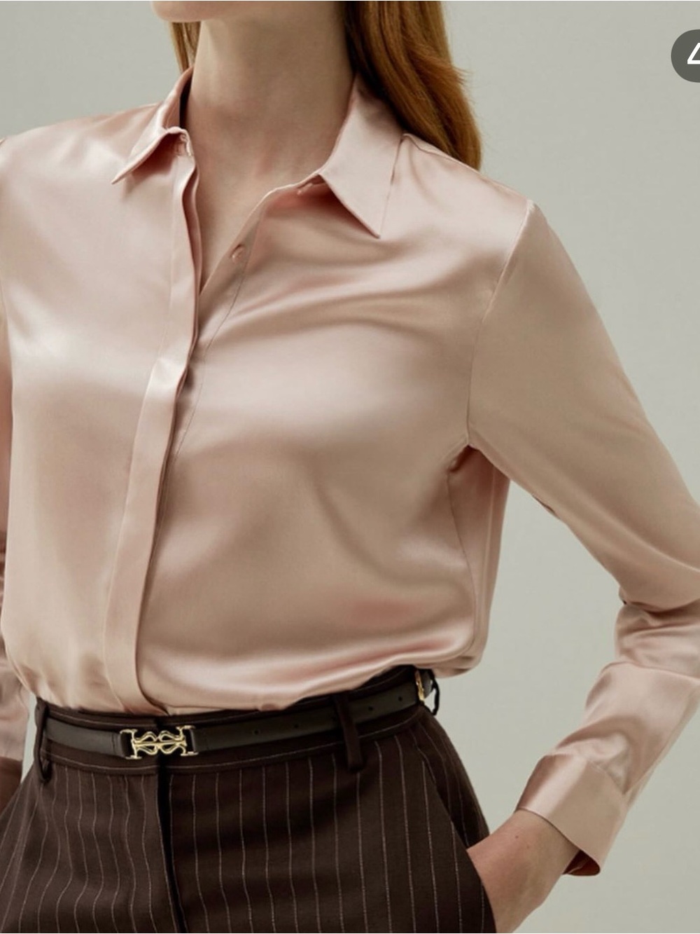 Lily Satin Button-Down Shirt in Pale Blush Pink, Sz L